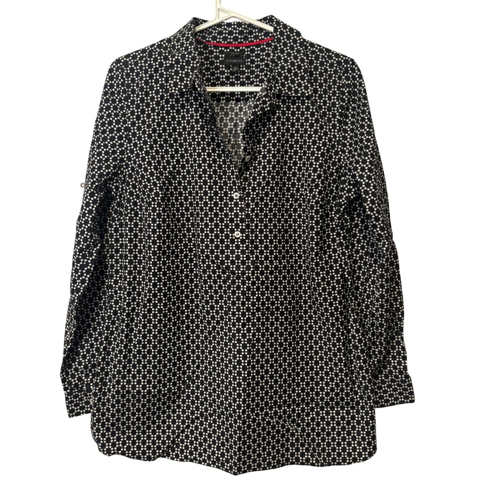 Talbots Henley Blouse Tunic Shirt Womens 12 Black White Geometric Non-Iron Top